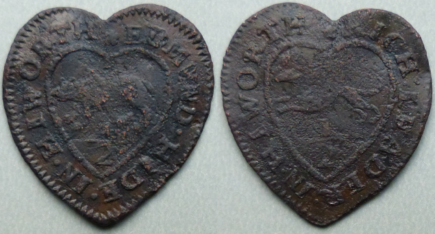 Highworth, Edmund Hide, Rich Leader heart-shaped halfpenny token Highworth, Edmund Hide, Rich Leader heart-shaped halfpenny token